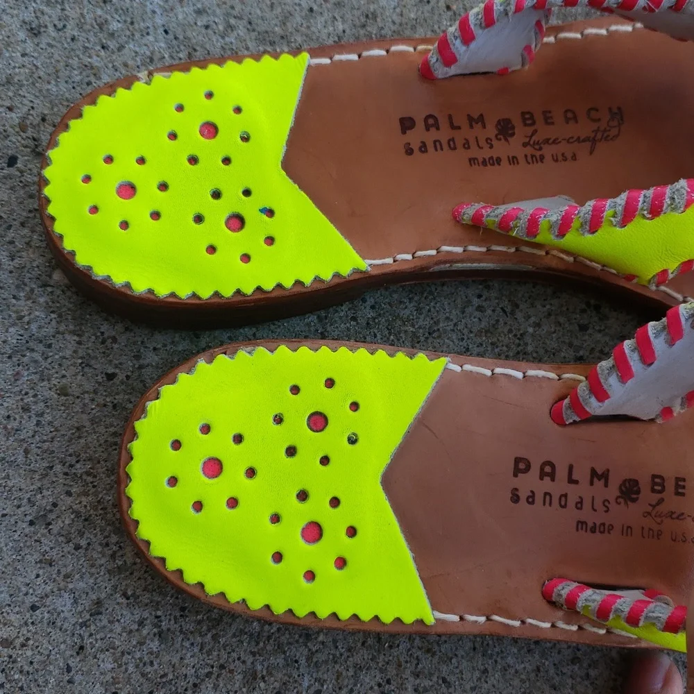 Palm Beach Handmade Leather Neon Green Pink Sandals Size 8 Beachy Tropical USA - Picture 11 of 16